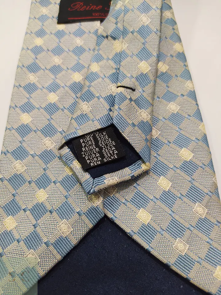 Corbata de Seda Jacquard a Cuadros Geométricos Azul y Beige Reine Seide 4