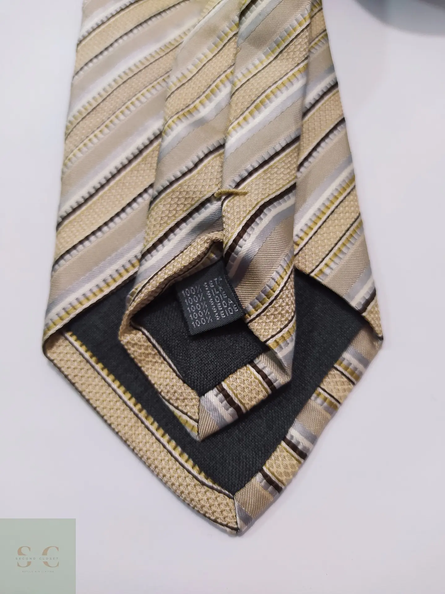 Corbata de Seda a Rayas Regimental Beige y Gris 3