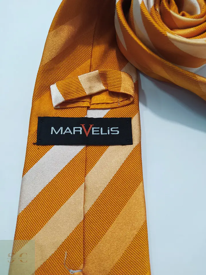 Corbata de Seda a Rayas Regimental Mostaza y Beige Marvelis 3
