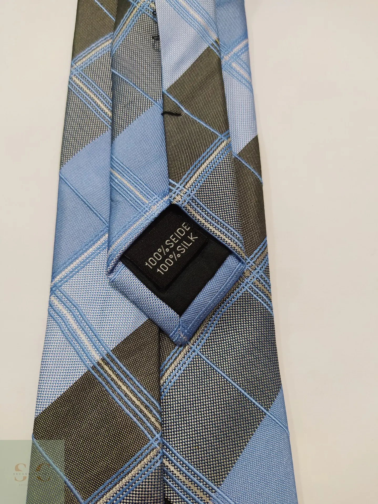 Corbata de Seda a Cuadros Plaid Celeste y Gris UNA Germany 4