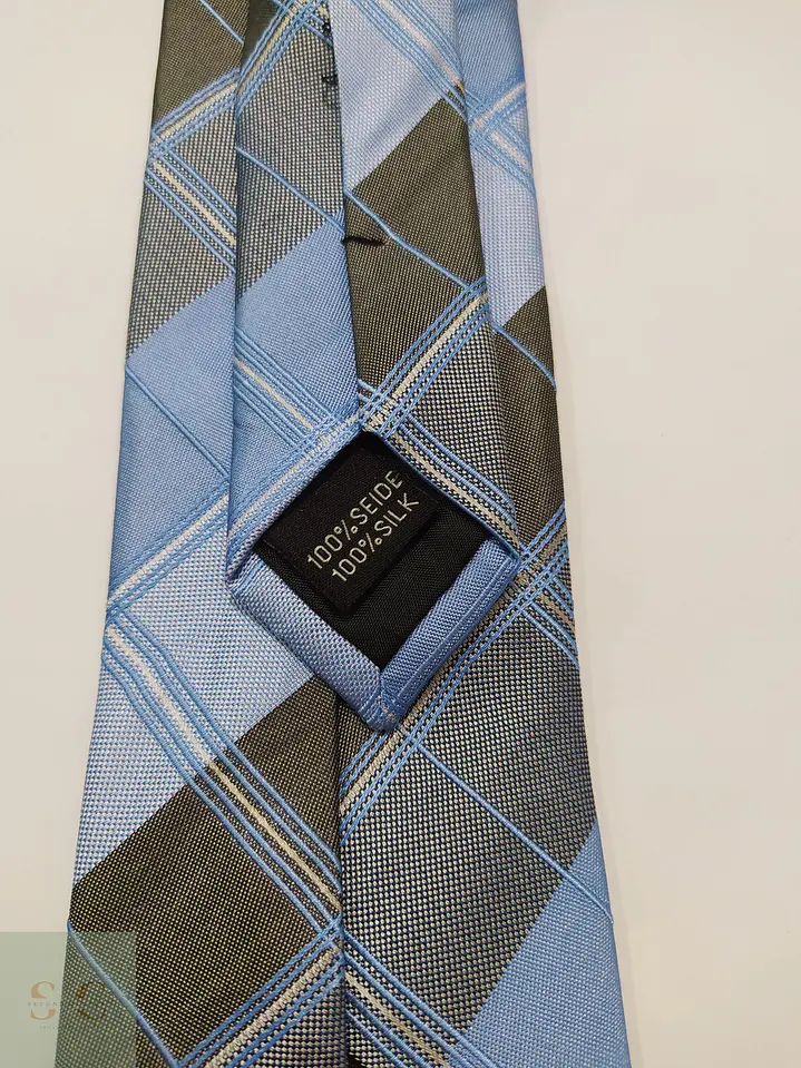 Corbata de Seda a Cuadros Plaid Celeste y Gris UNA Germany 4