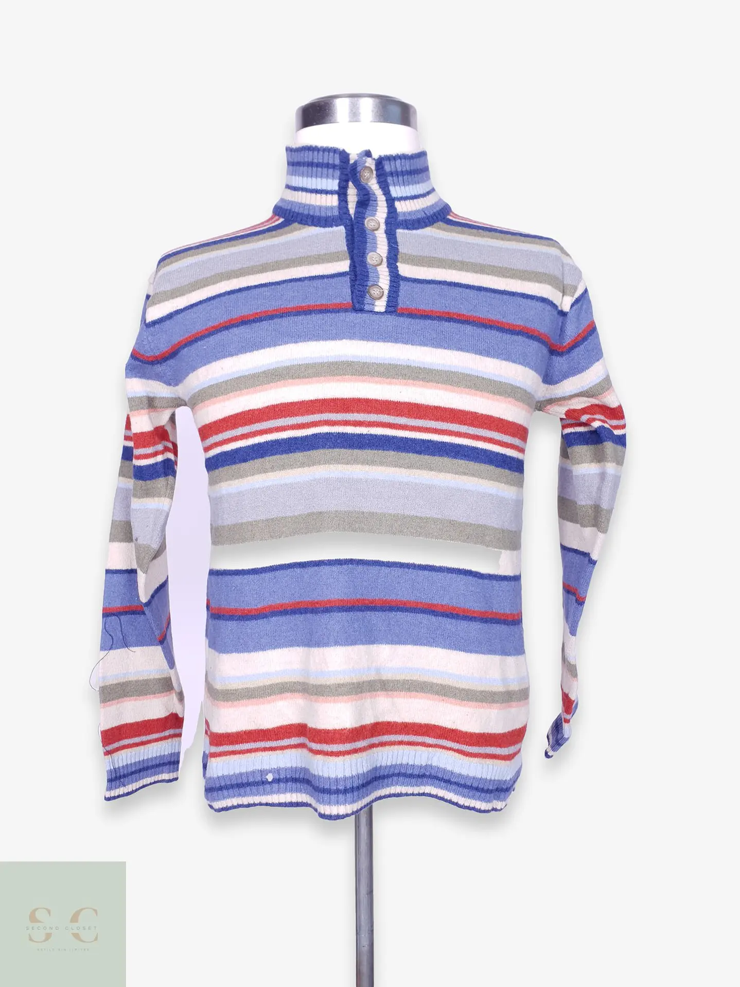 Suéter a Rayas Multicolor en 100% Lana con Cuello Alto y Botones Talla S 1