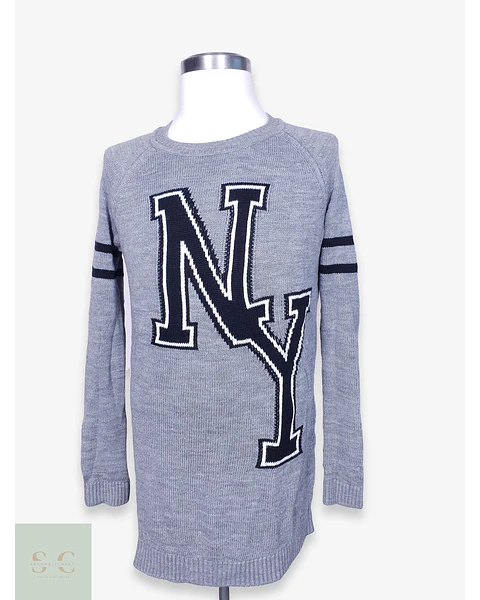 Suéter Largo Gris Estilo Varsity NY Tezenis Talla L