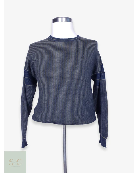 Suéter de Lana Acanalado Bicolor Cuello Redondo Talla LXL
