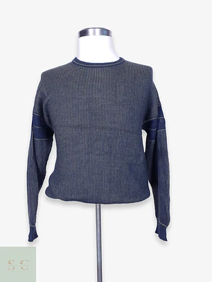 Suéter de Lana Acanalado Bicolor Cuello Redondo Talla LXL