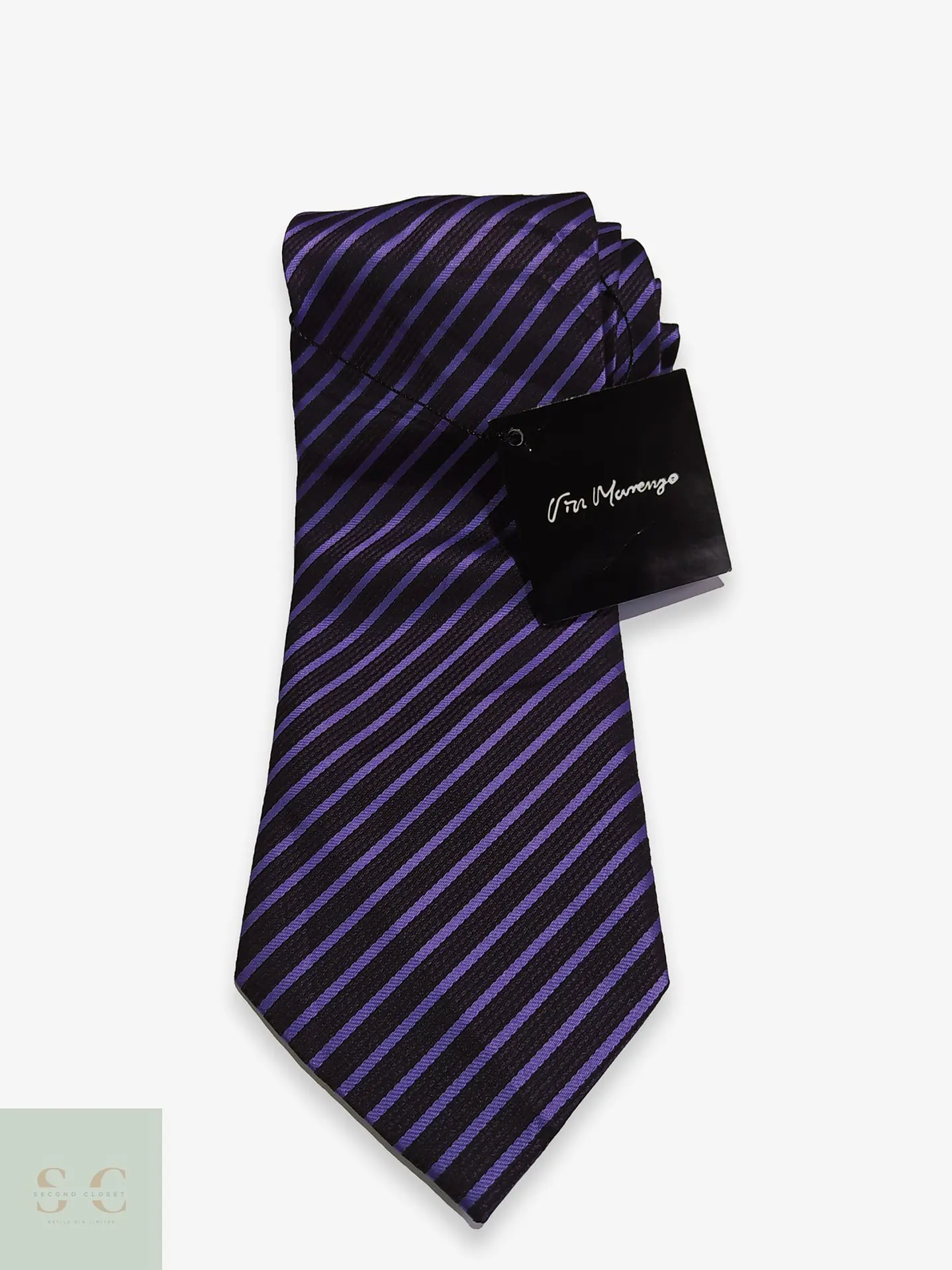 Corbata de Seda a Rayas Diagonales Morado y Negro Via Marenzo Milano 1