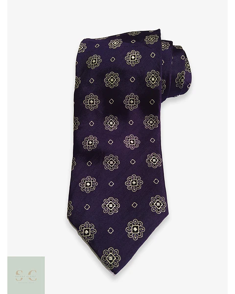 Corbata de Seda Morada con Micropatrón Floral Geométrico Yorn