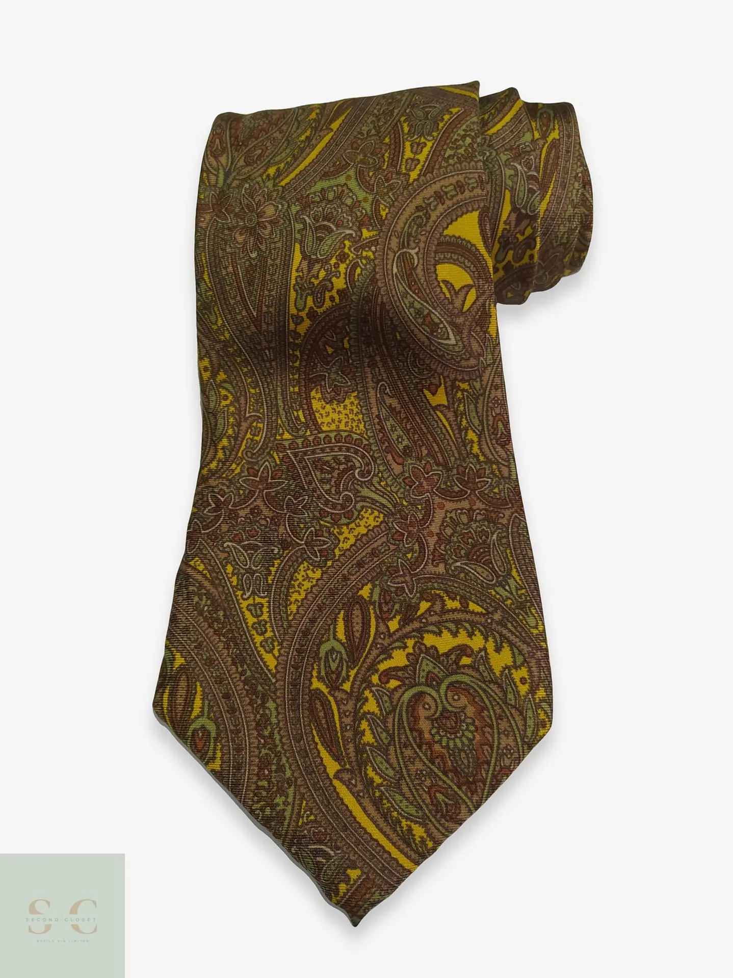 Corbata de Seda Vintage con Patrón Paisley en Tonos Mostaza y Verde Oliva 1