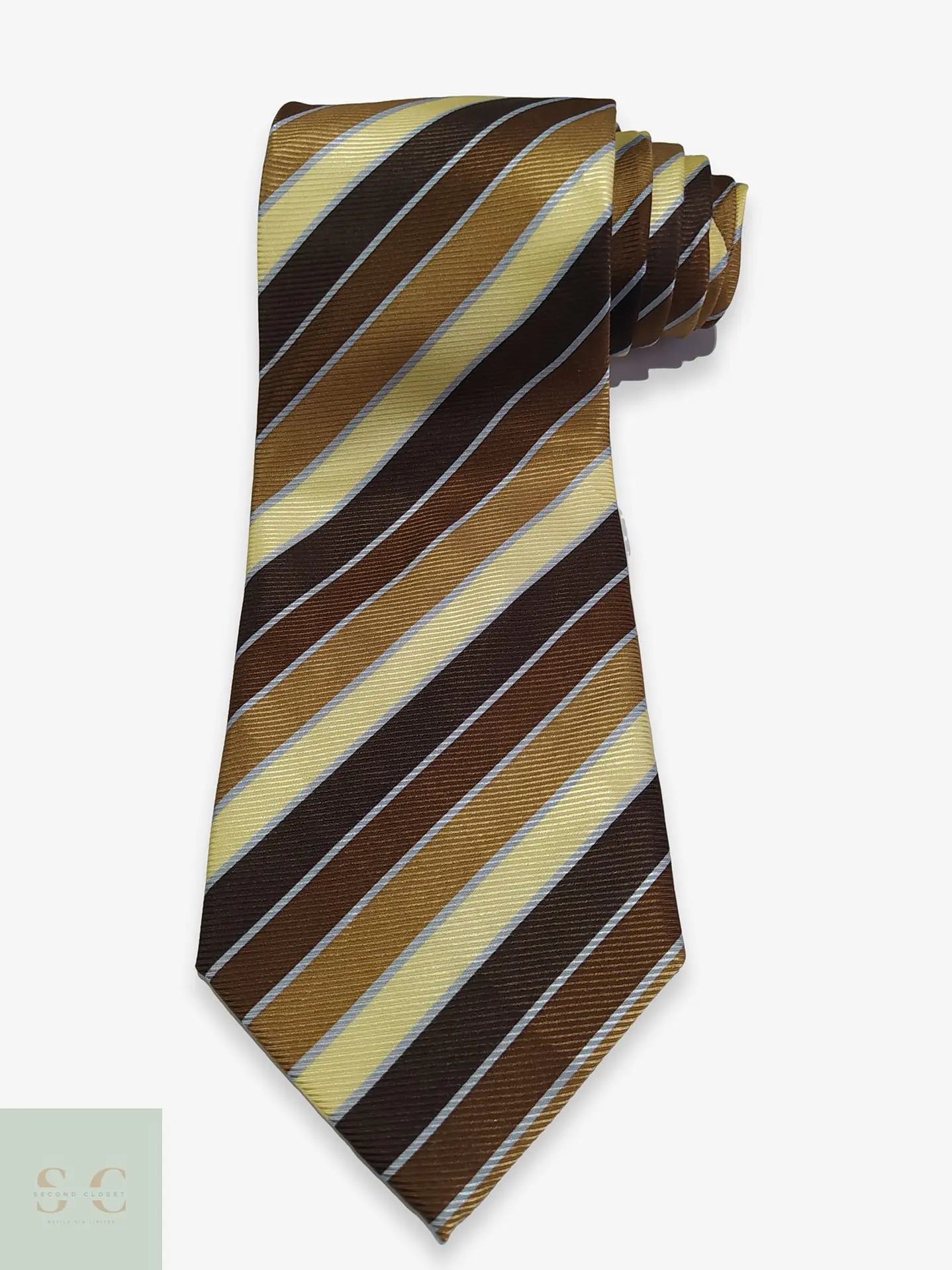 Corbata Vintage 100% Seda a Rayas Regimental Café y Dorado 1