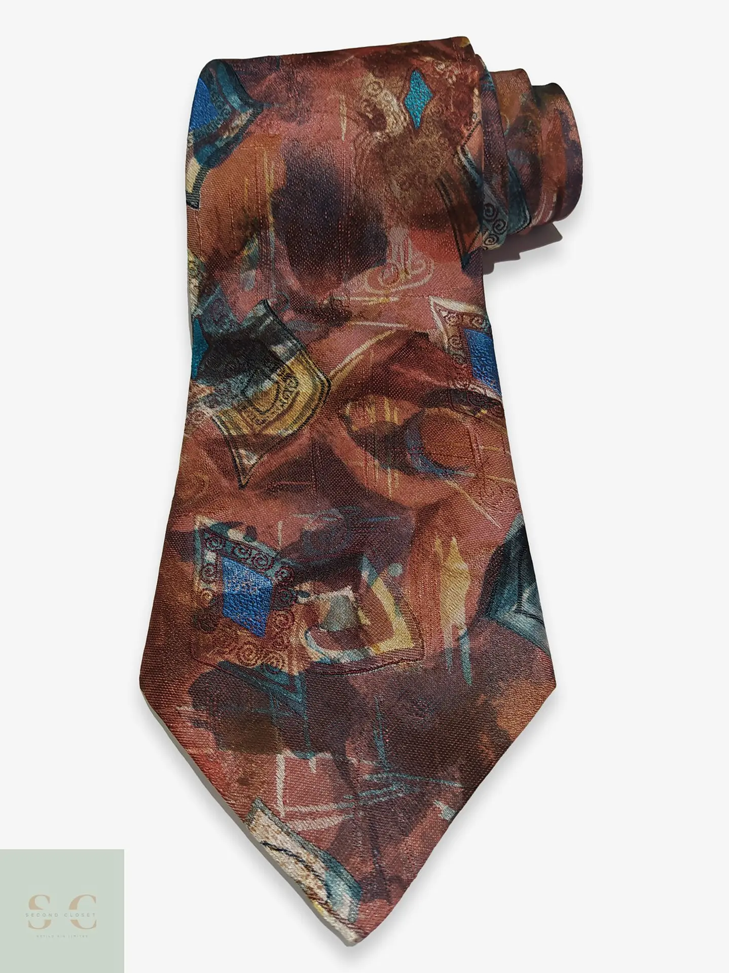 Corbata Vintage tk Ties con Estampado Abstracto Terracota y Turquesa 1