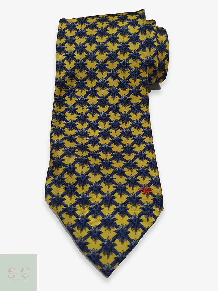 Corbata de Seda Amarilla con Micropatrón Geométrico Azul ect 1