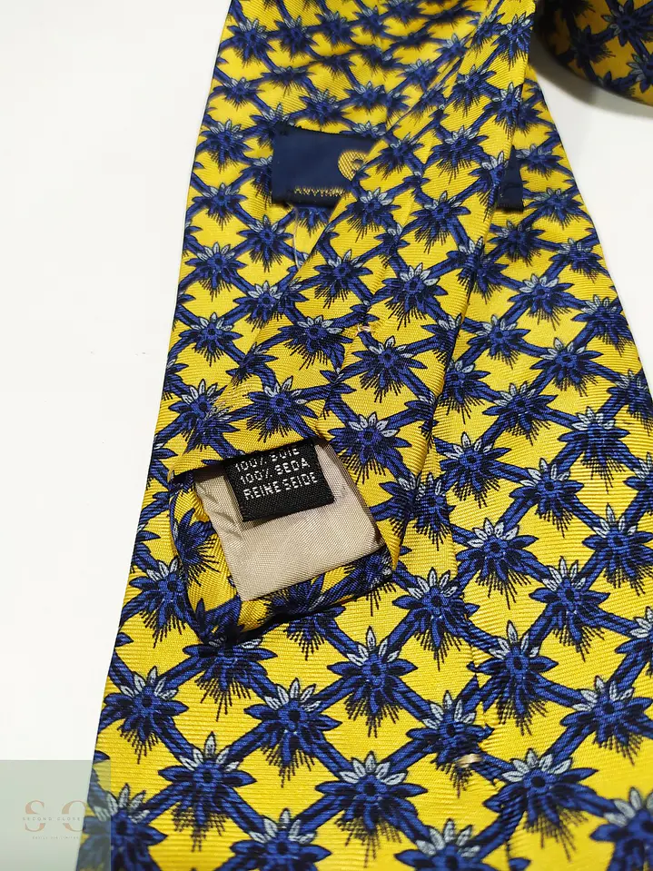 Corbata de Seda Amarilla con Micropatrón Geométrico Azul ect 3