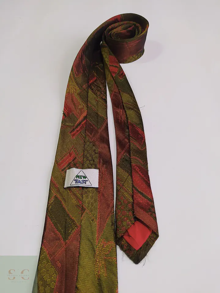 Corbata Vintage Jacquard Abstracta Verde Oliva y Terracota New Fast 3