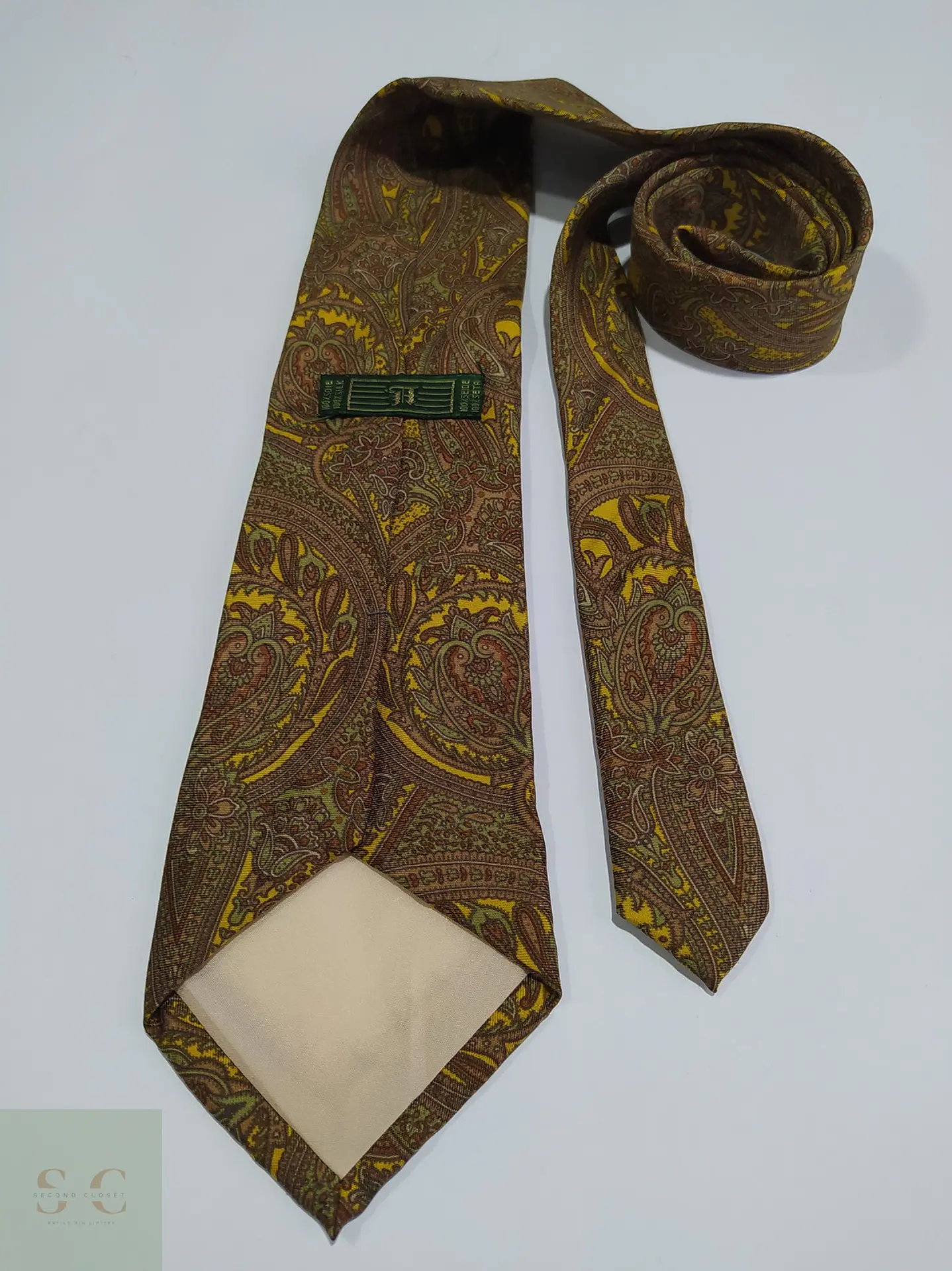 Corbata de Seda Vintage con Patrón Paisley en Tonos Mostaza y Verde Oliva 4