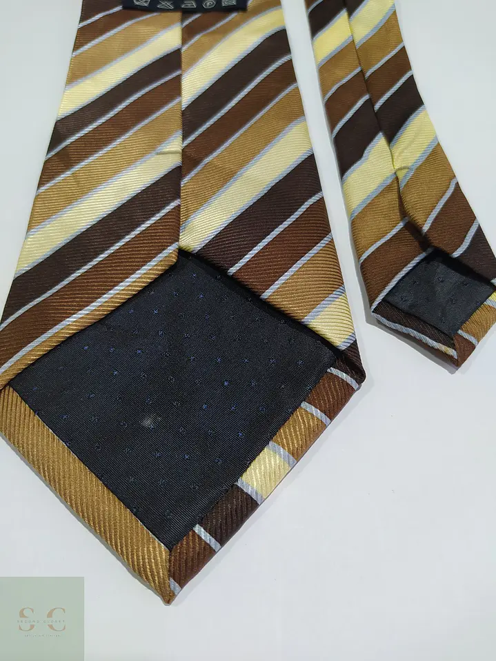 Corbata Vintage 100% Seda a Rayas Regimental Café y Dorado 4