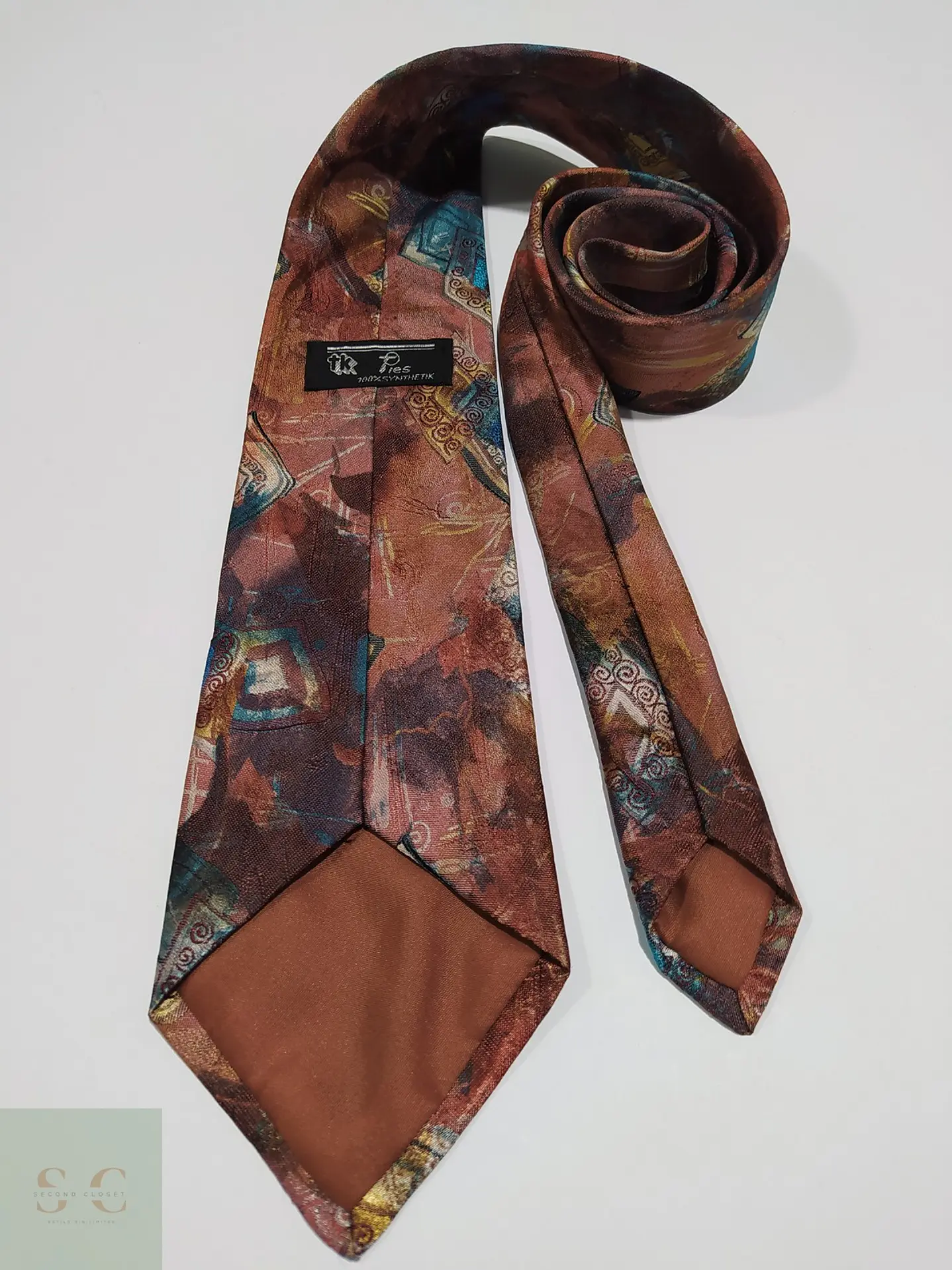 Corbata Vintage tk Ties con Estampado Abstracto Terracota y Turquesa 3