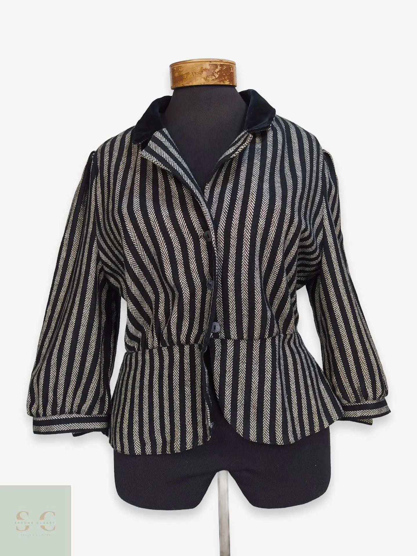 Chaqueta Vintage Miss Helen Estampado Espiga y Cuello de Terciopelo Talla SM 1
