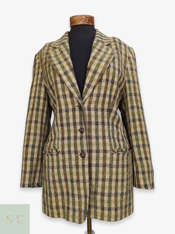 Blazer Hirsch Tweed Lana Virgen Verde Camel Talla L 1