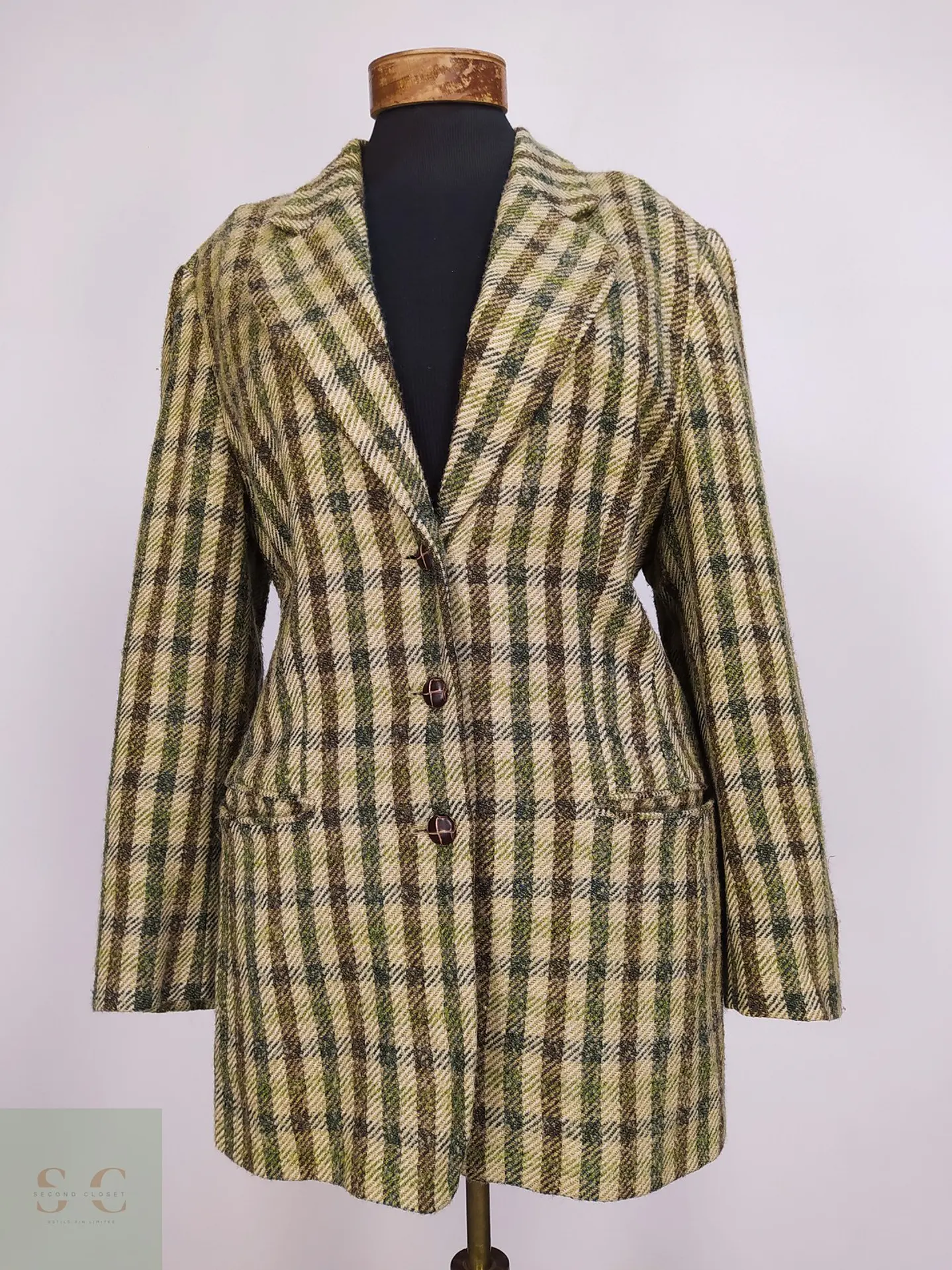 Blazer Hirsch Tweed Lana Virgen Verde Camel Talla L 2