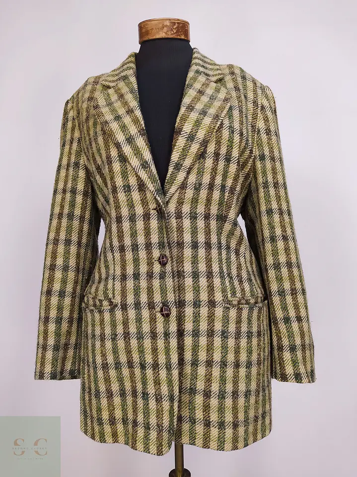 Blazer Hirsch Tweed Lana Virgen Verde Camel Talla L 2