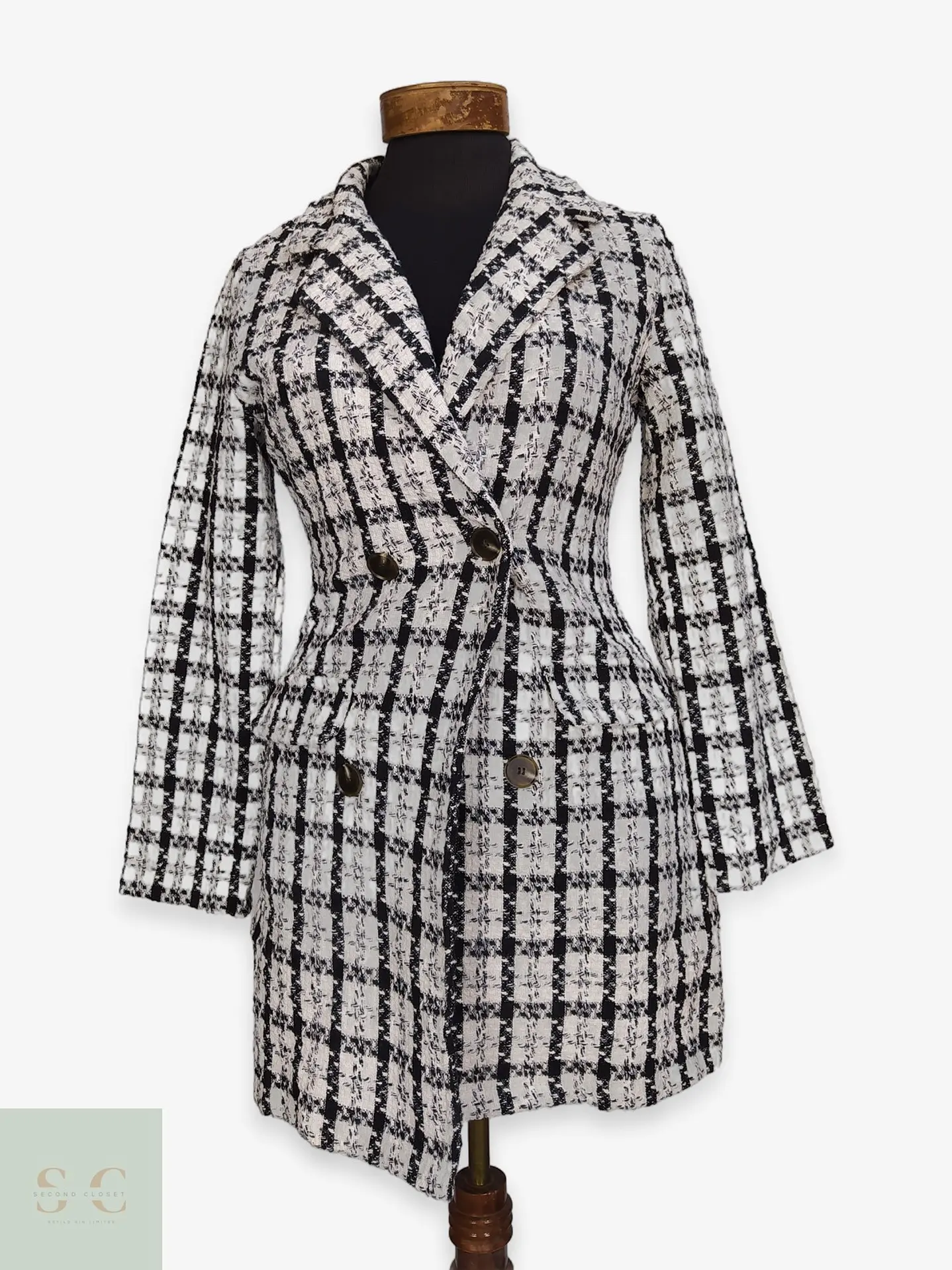 Chaqueta Larga Tweed Cruzada Blanco y Negro Talla XS 1
