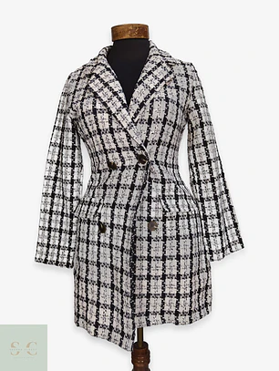 Chaqueta Larga Tweed Cruzada Blanco y Negro Talla XS