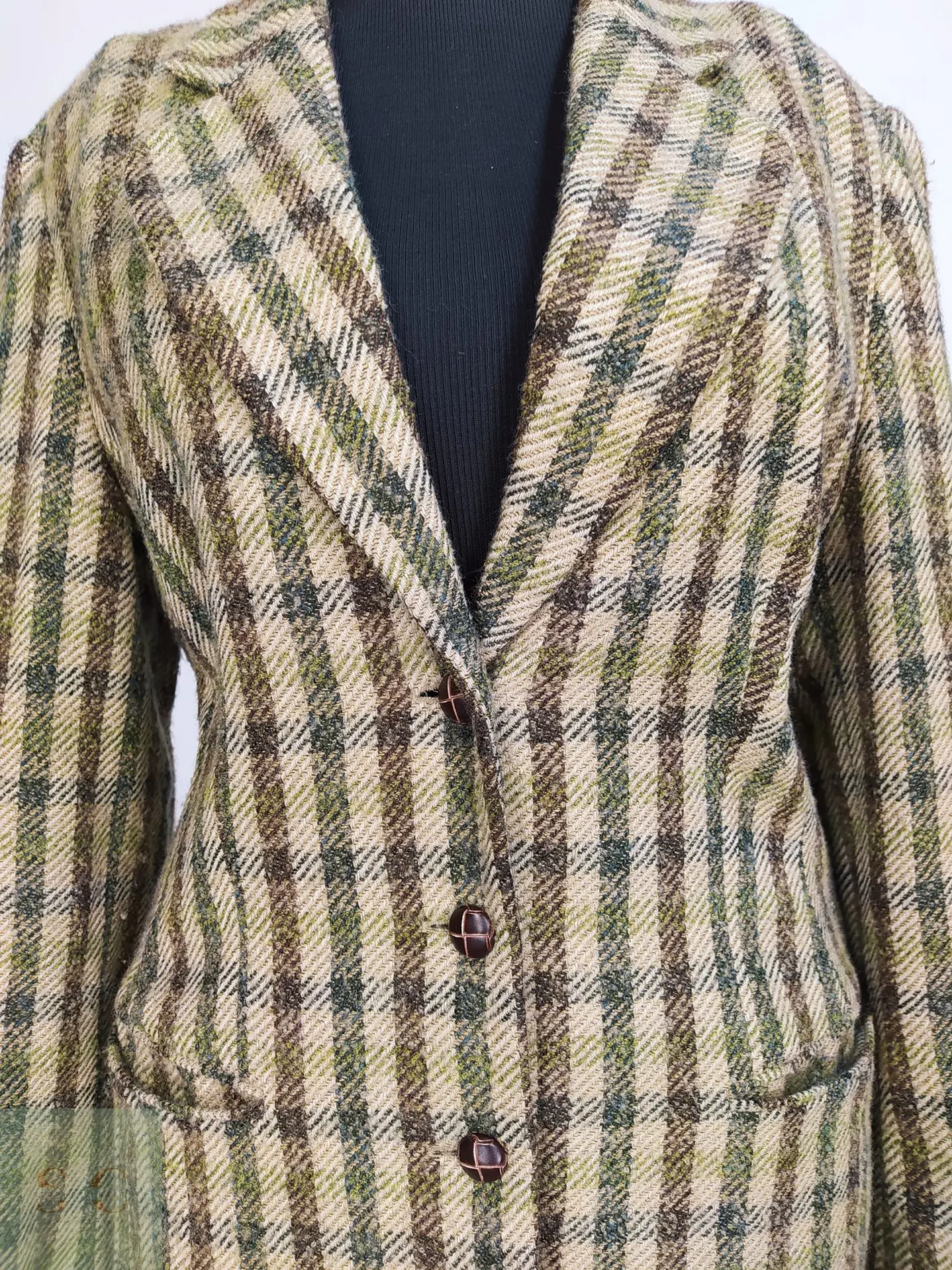 Blazer Hirsch Tweed Lana Virgen Verde Camel Talla L 6