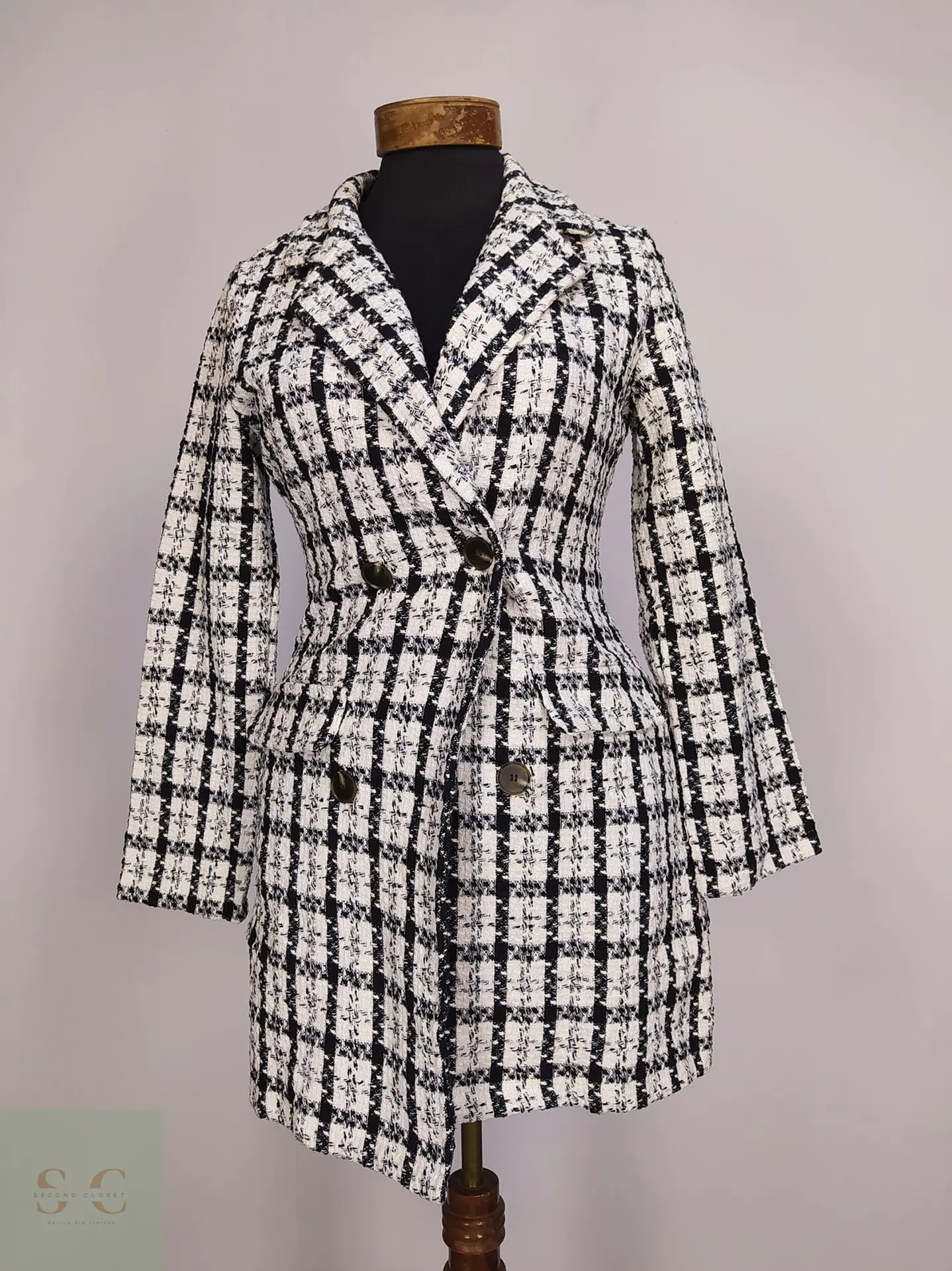 Chaqueta Larga Tweed Cruzada Blanco y Negro Talla XS 2