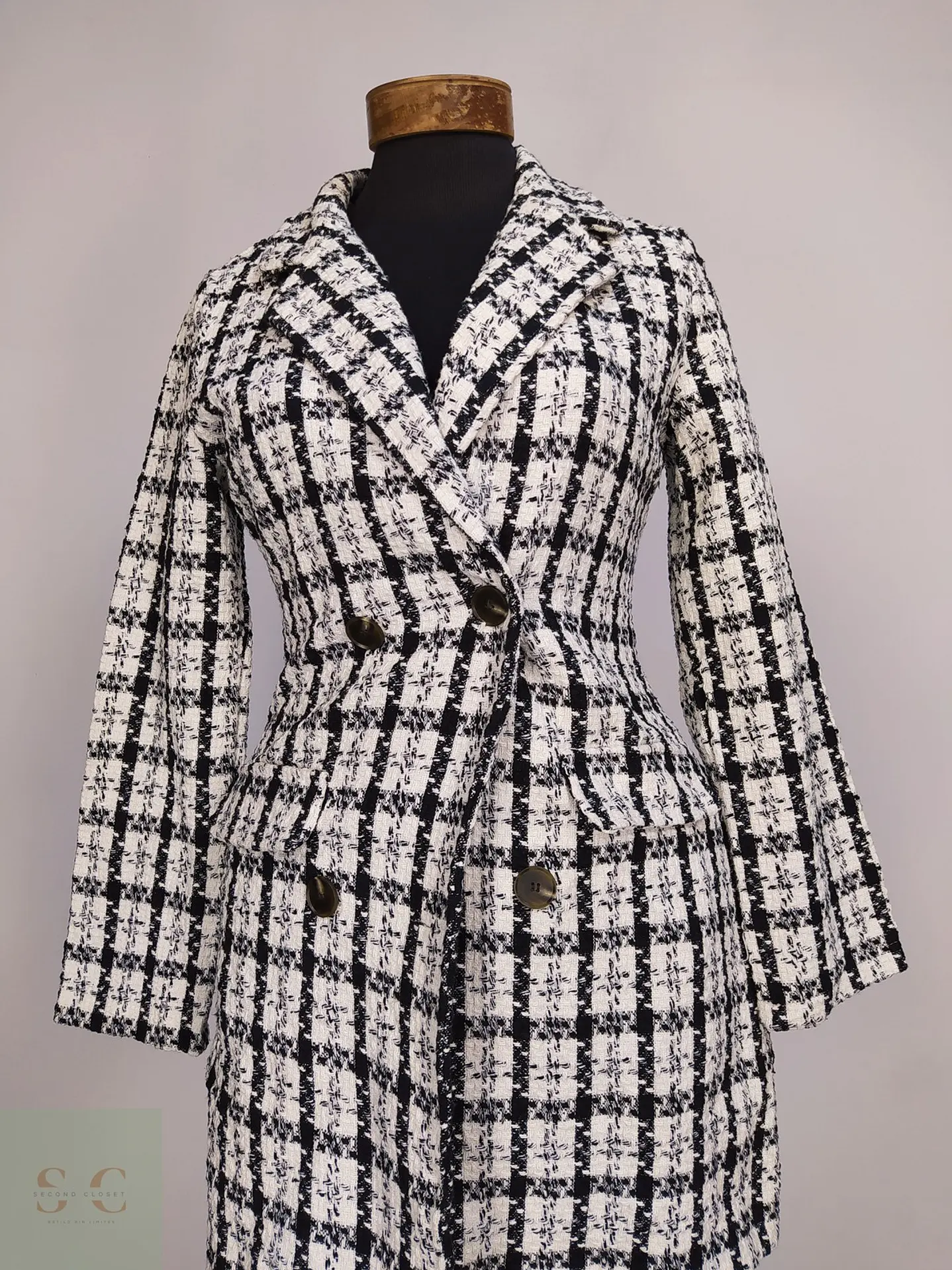 Chaqueta Larga Tweed Cruzada Blanco y Negro Talla XS 3