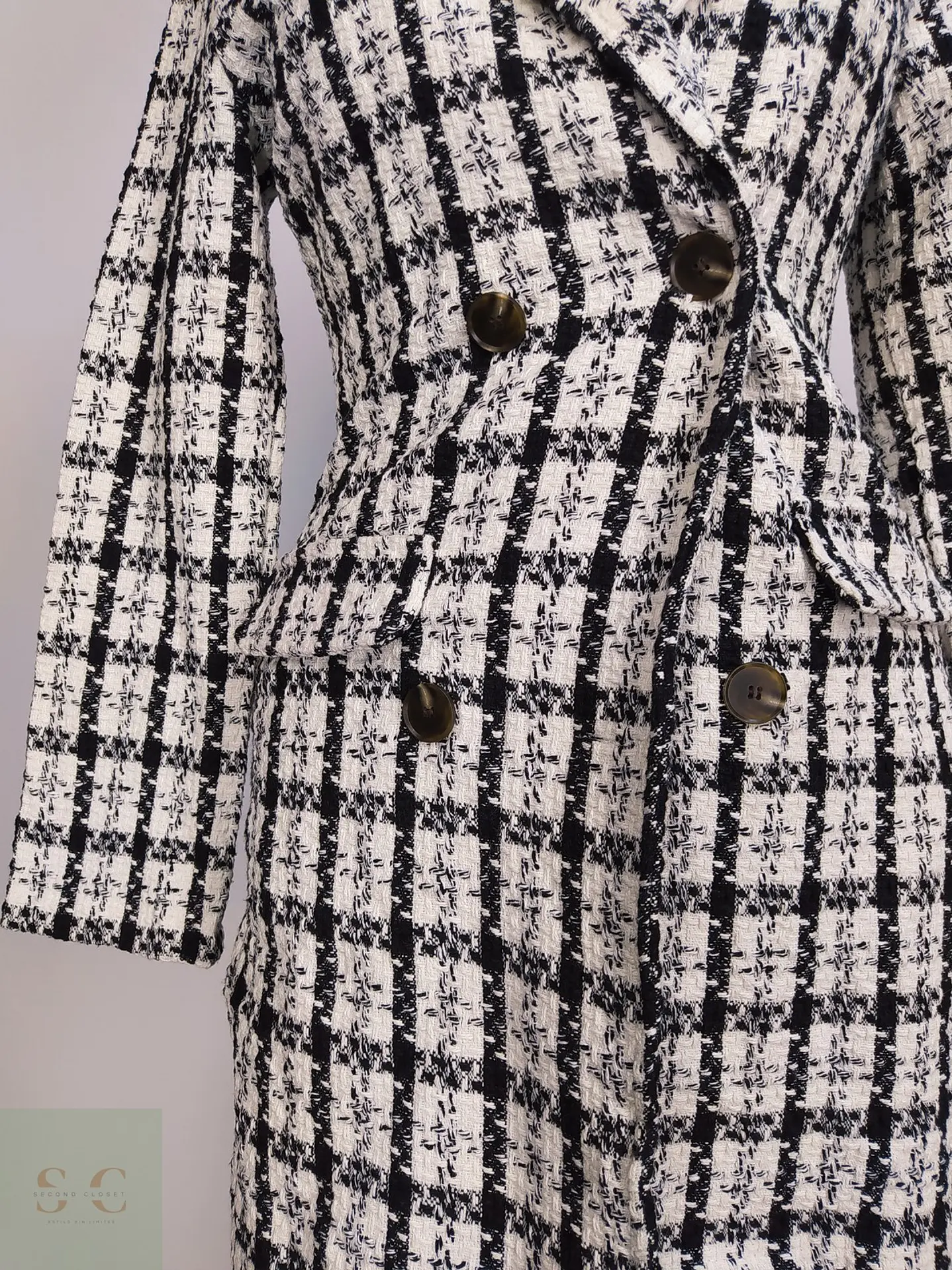 Chaqueta Larga Tweed Cruzada Blanco y Negro Talla XS 4