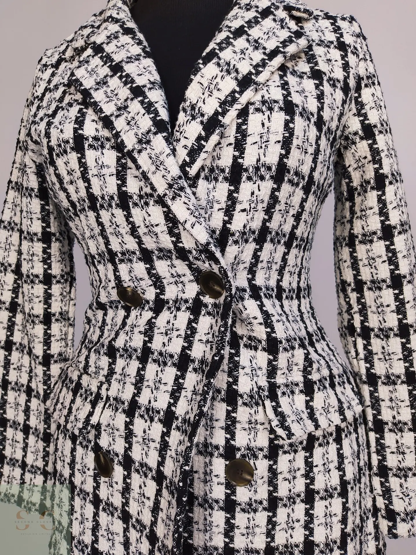 Chaqueta Larga Tweed Cruzada Blanco y Negro Talla XS 5