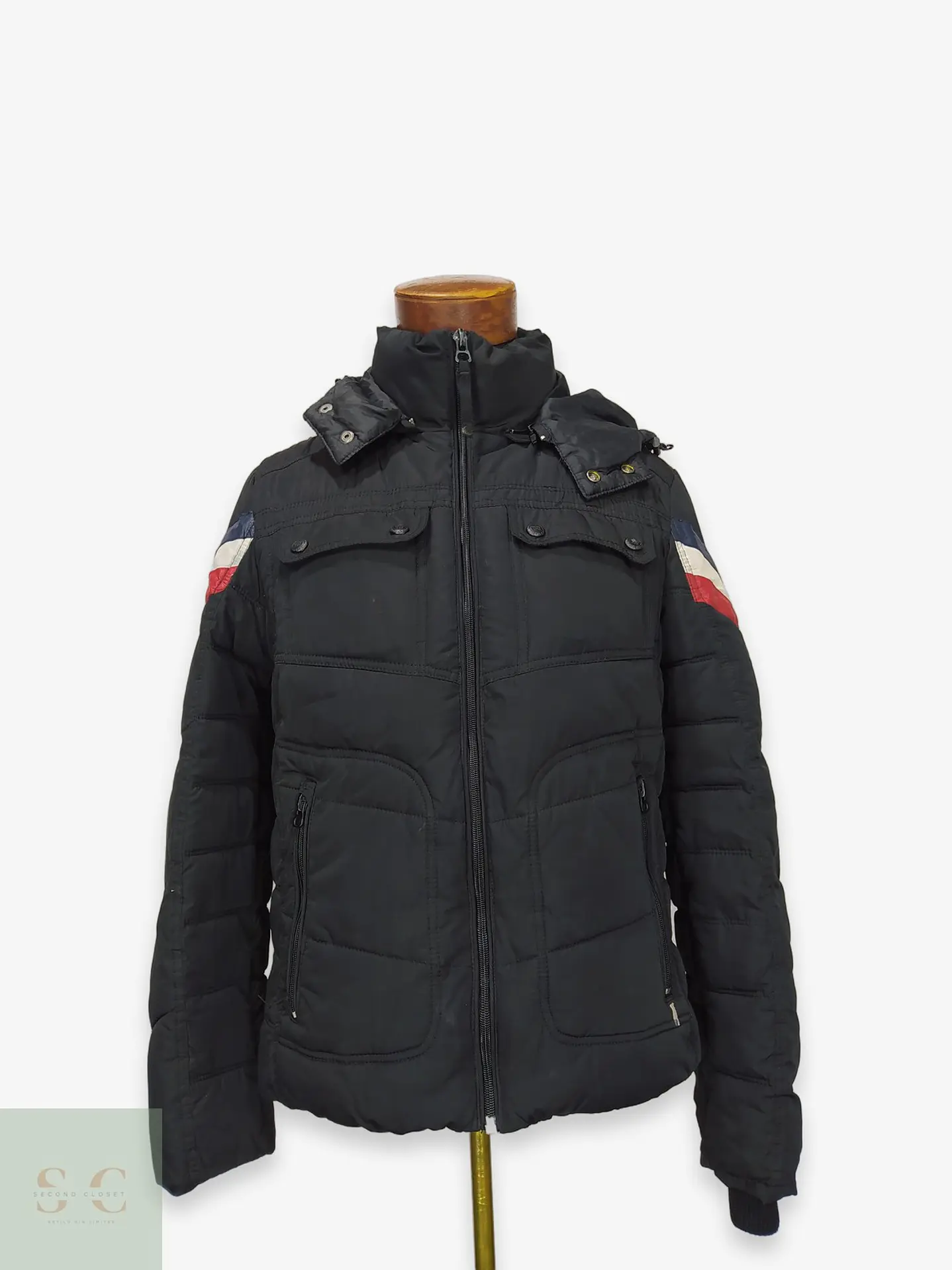 Chaqueta Acolchada Negra con Franjas Tricolor Talla S 1