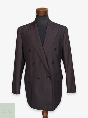 Blazer Cruzado a Rayas de Lana Virgen Burdeos Vintage Talla L