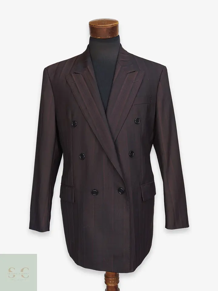 Blazer Cruzado a Rayas de Lana Virgen Burdeos Vintage Talla L 1