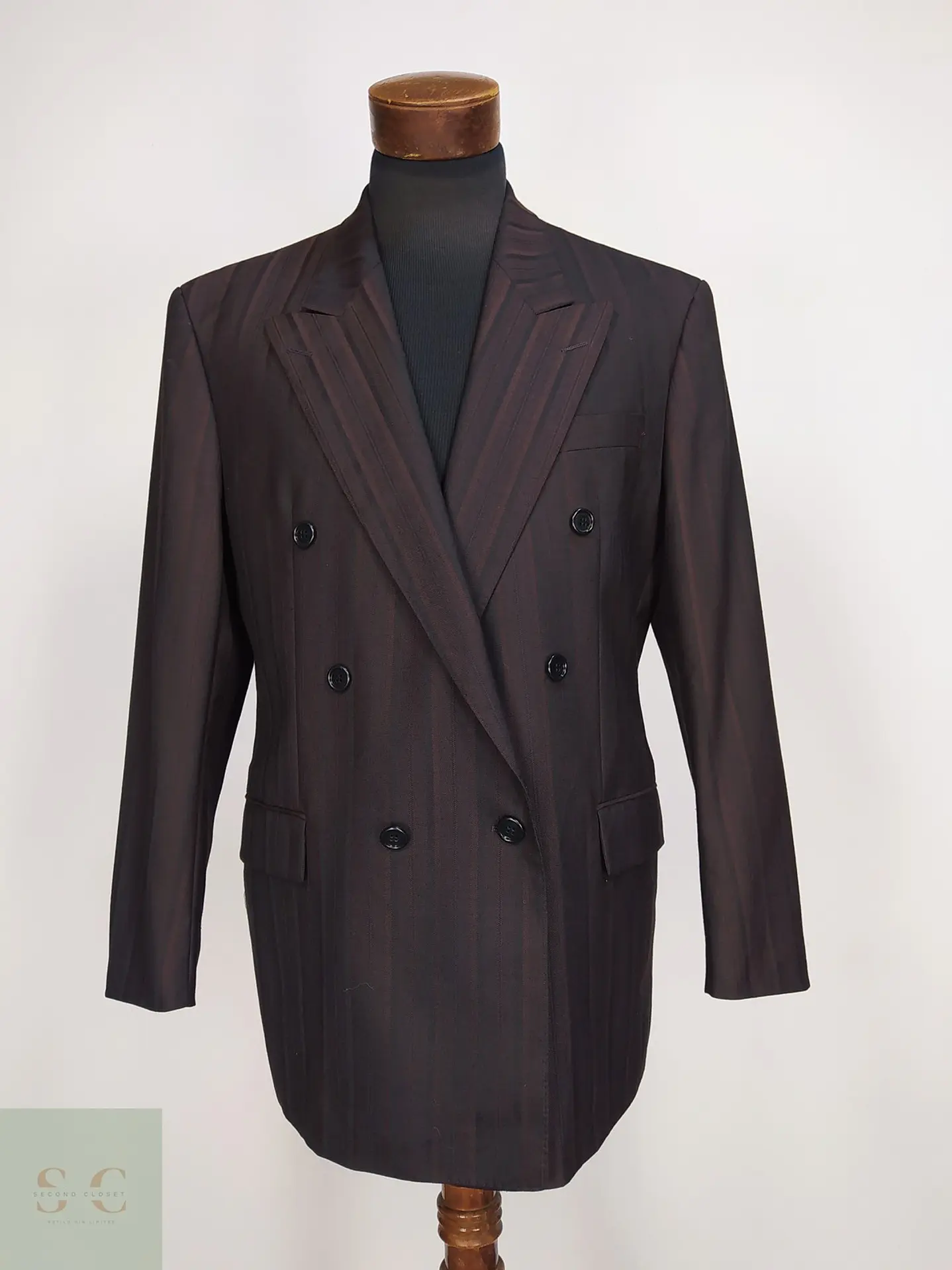 Blazer Cruzado a Rayas de Lana Virgen Burdeos Vintage Talla L 2