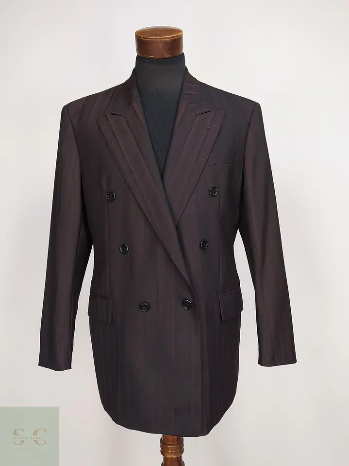 Blazer Cruzado a Rayas de Lana Virgen Burdeos Vintage Talla L 2
