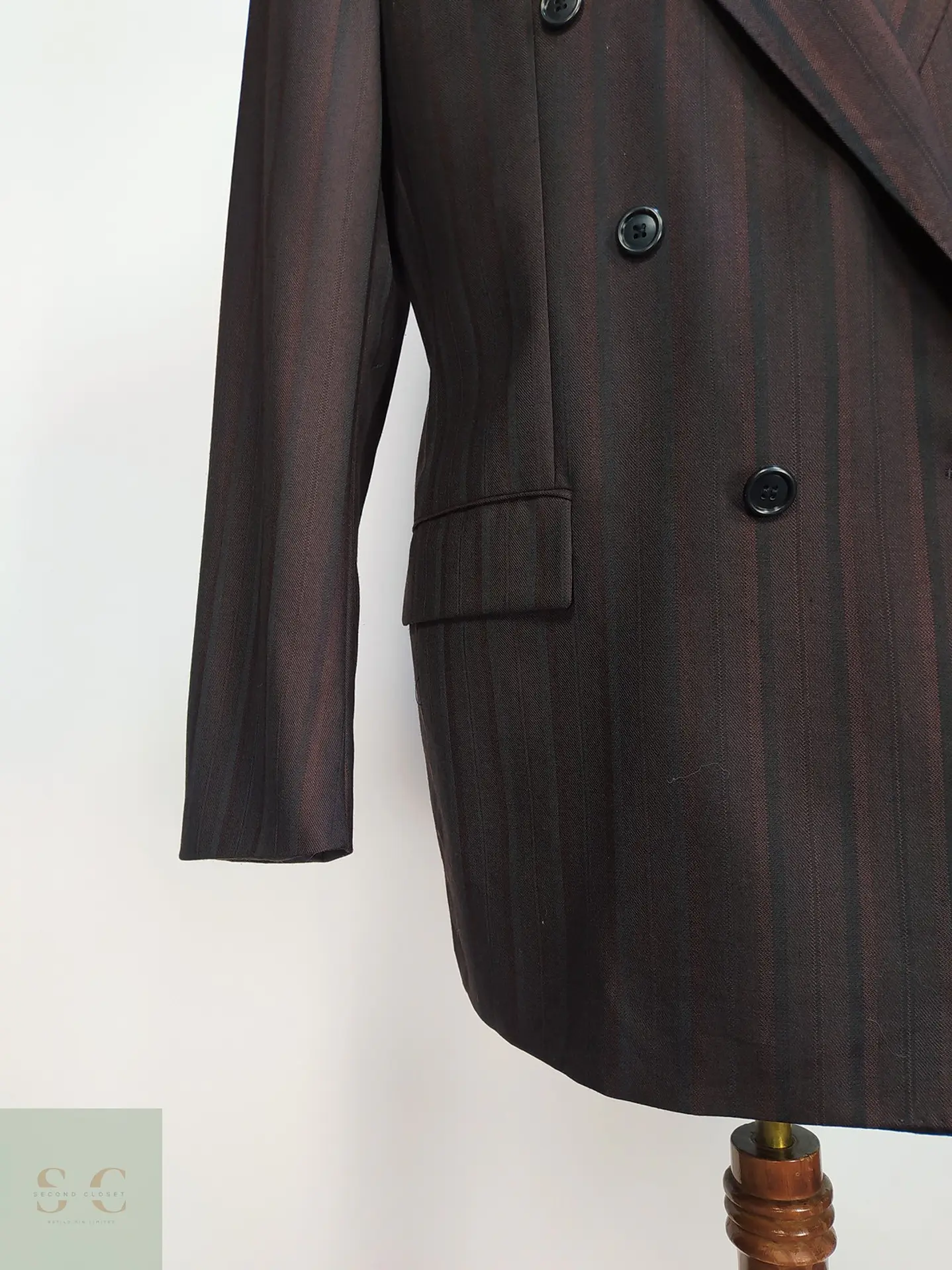 Blazer Cruzado a Rayas de Lana Virgen Burdeos Vintage Talla L 3