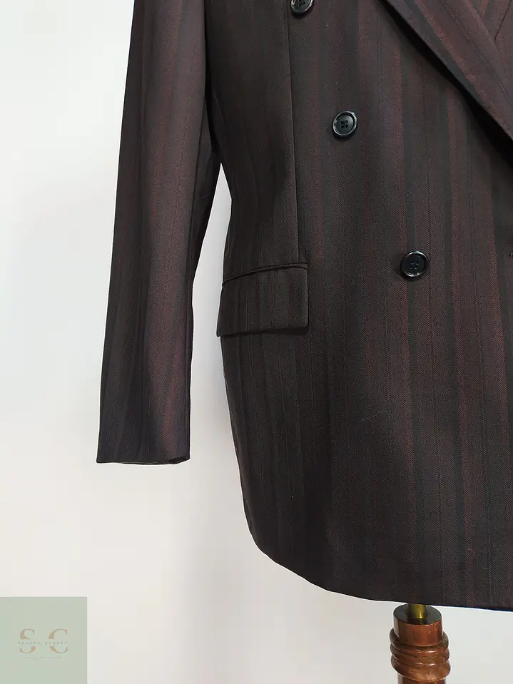 Blazer Cruzado a Rayas de Lana Virgen Burdeos Vintage Talla L 3