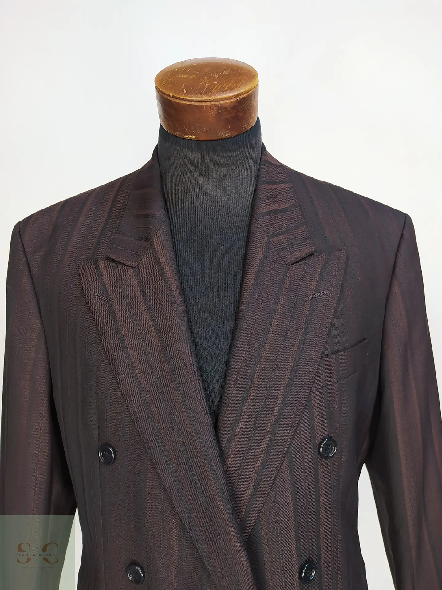 Blazer Cruzado a Rayas de Lana Virgen Burdeos Vintage Talla L 4