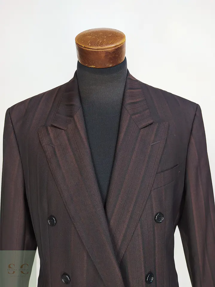 Blazer Cruzado a Rayas de Lana Virgen Burdeos Vintage Talla L 4
