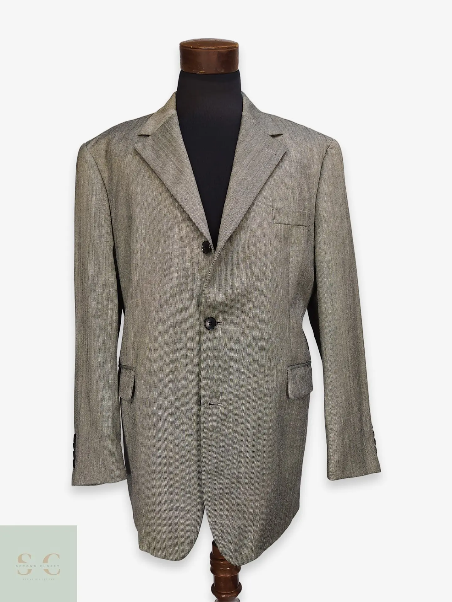 Blazer de Lana Virgen, Seda y Lino en Espiga Gris Talla XXL 1
