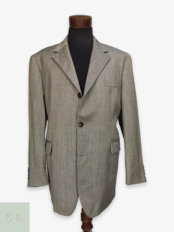 Blazer de Lana Virgen, Seda y Lino en Espiga Gris Talla XXL 1