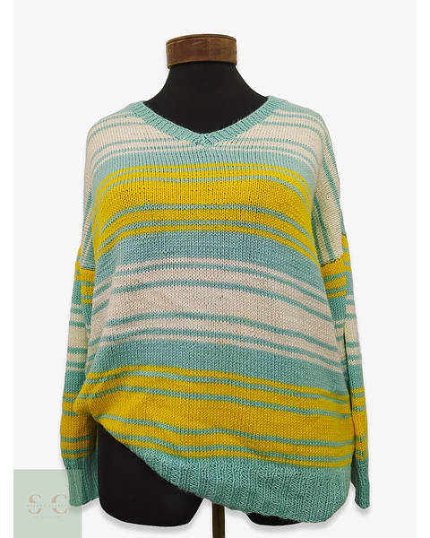 Suéter a Rayas Multicolor Celeste y Amarillo Talla 2XL