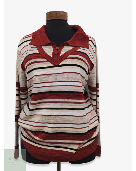 Suéter de Punto Listado con Cuello Polo Domitex Talla L