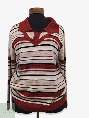 Suéter de Punto Listado con Cuello Polo Domitex Talla L