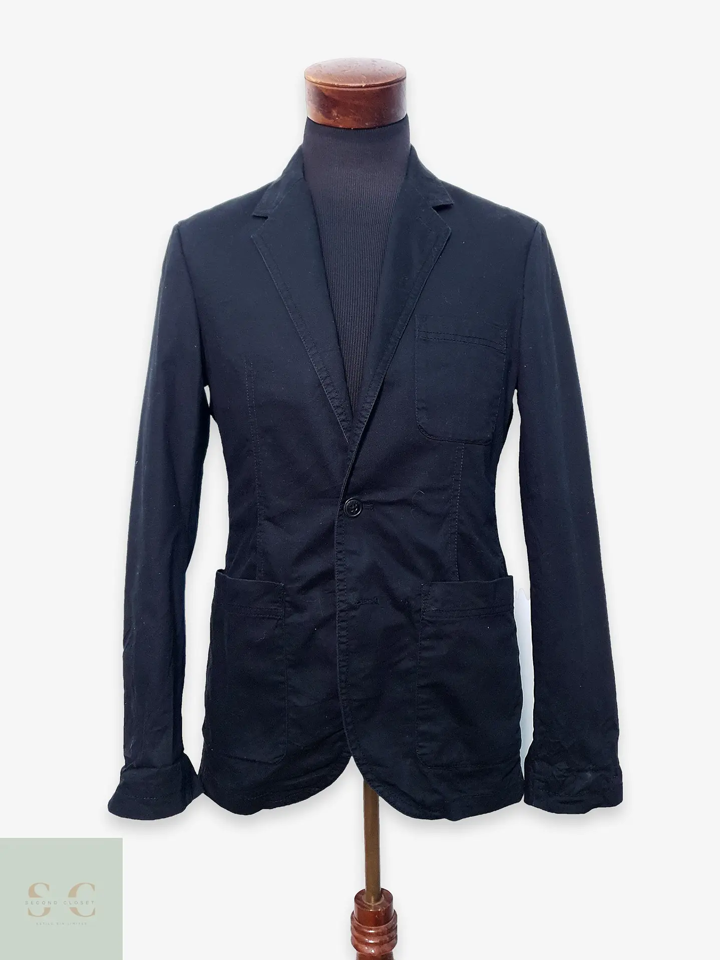 Blazer Casual de Algodón Negro con Bolsillos Parche Talla S 1