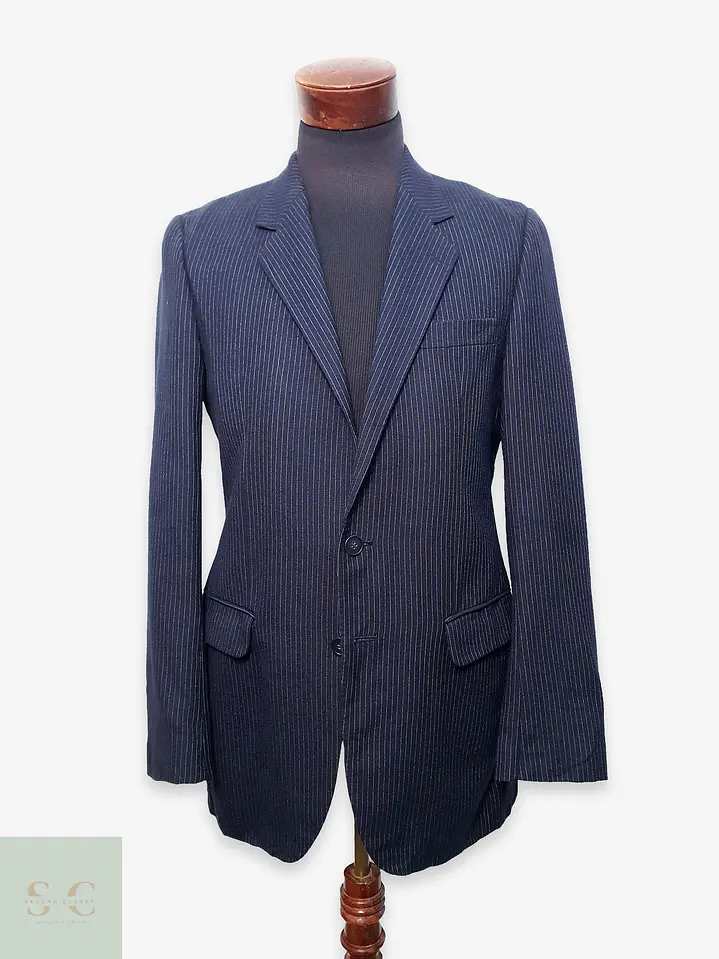 Blazer Sastre Vintage en Lana Virgen Azul Marino con Raya Tiza Talla S 1