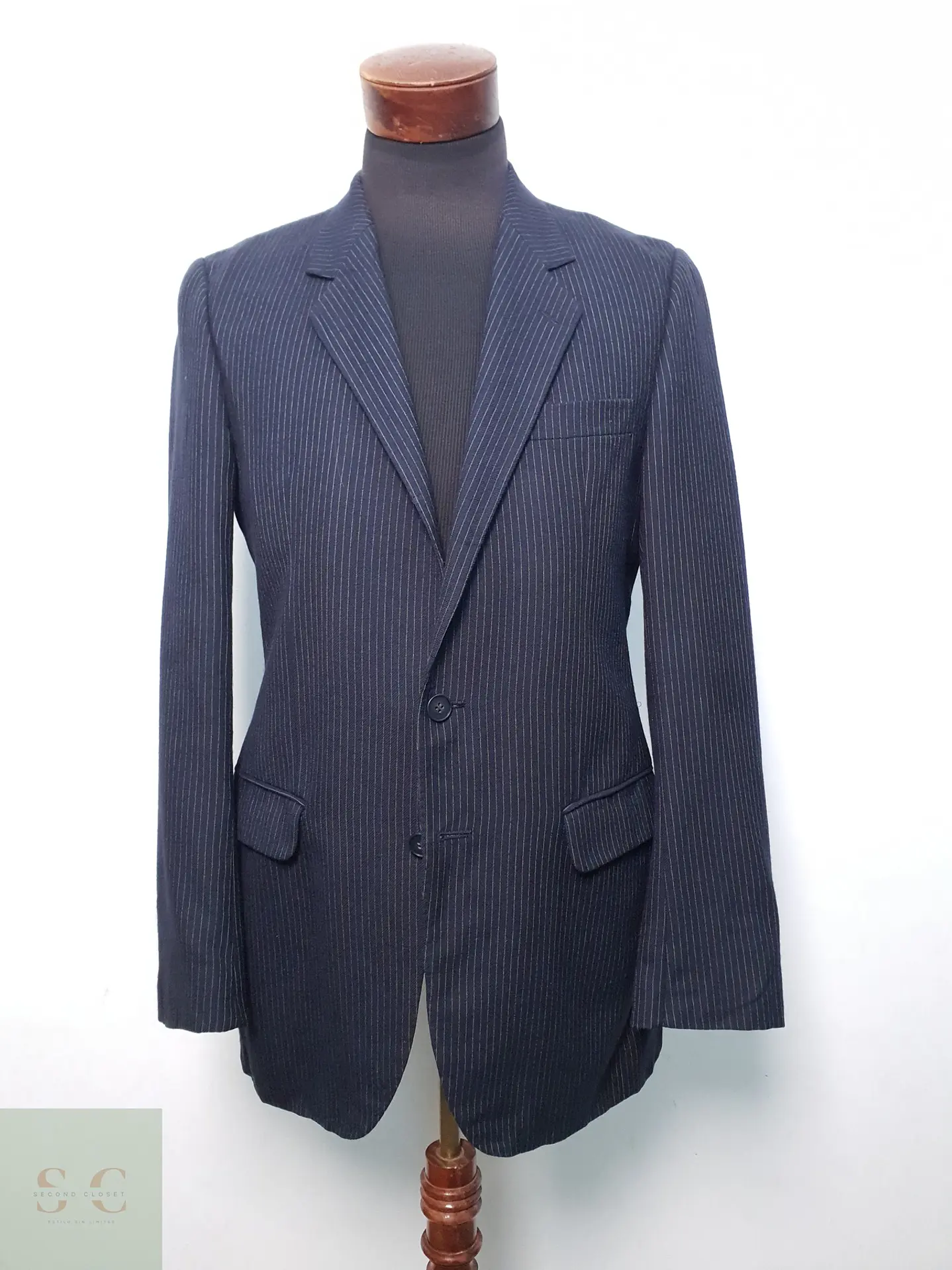 Blazer Sastre Vintage en Lana Virgen Azul Marino con Raya Tiza Talla S 2