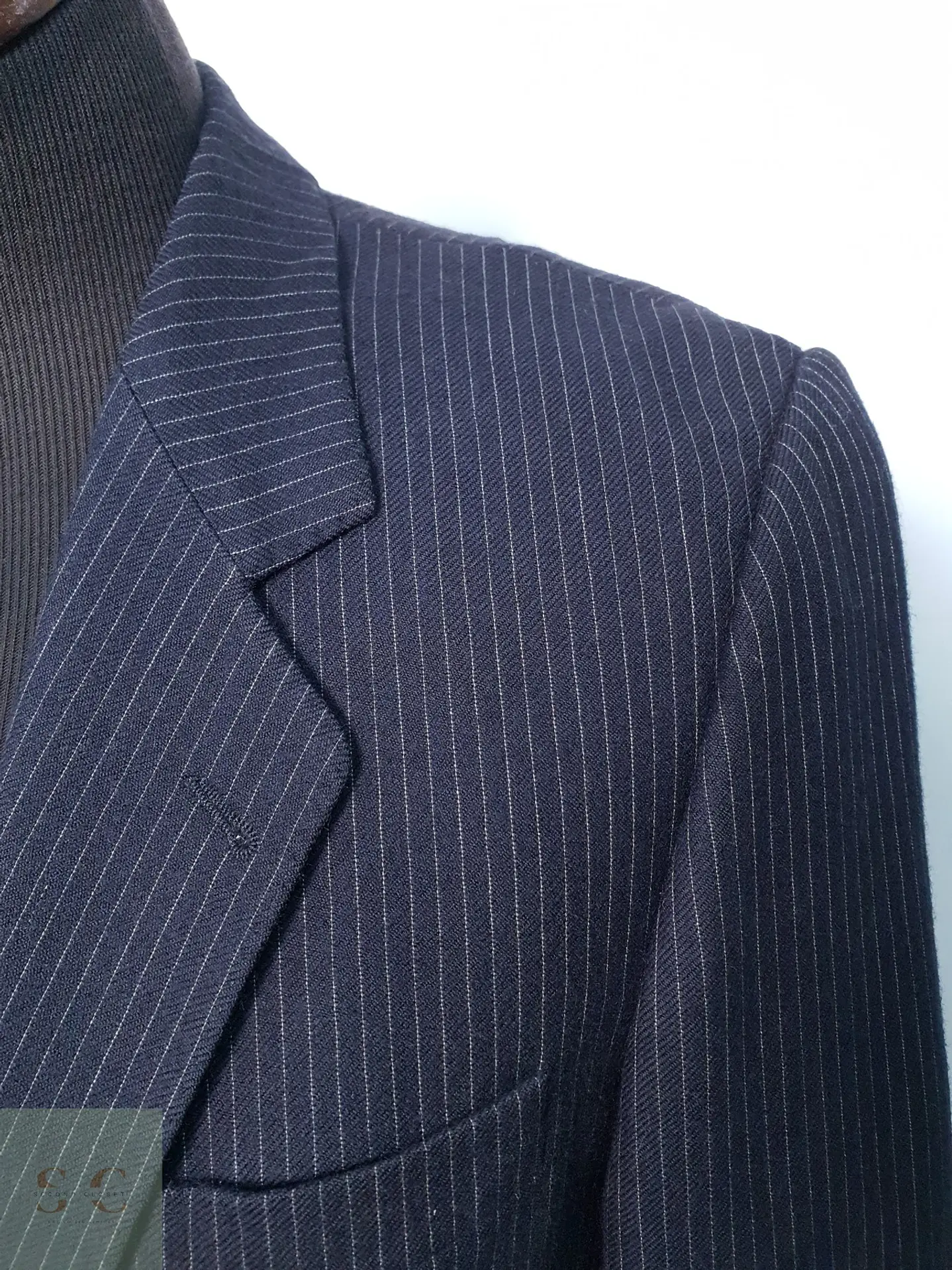 Blazer Sastre Vintage en Lana Virgen Azul Marino con Raya Tiza Talla S 4