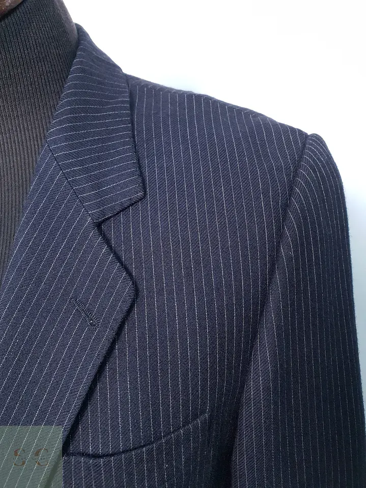 Blazer Sastre Vintage en Lana Virgen Azul Marino con Raya Tiza Talla S 4